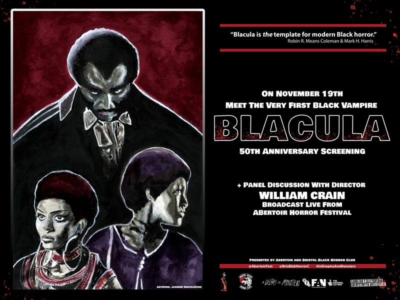 A red, black and white poster promoting the film screening.