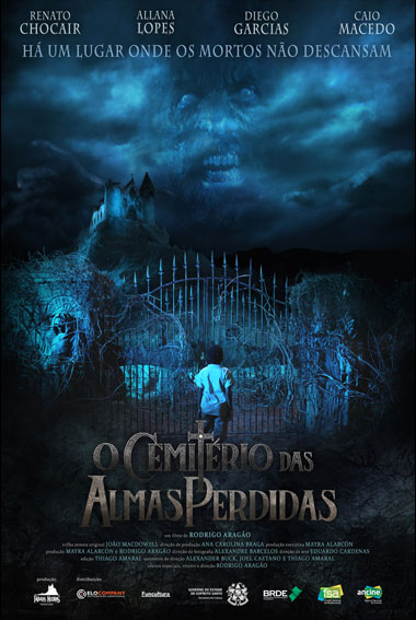 Boy stands outside the gates of the cemetery of Lost Souls  with a church and a possessed person in the sky.