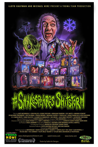 Lloyd Kaufman holding a skull with green slime dripping off over a bank of televisions showing characters and scenes from the film.