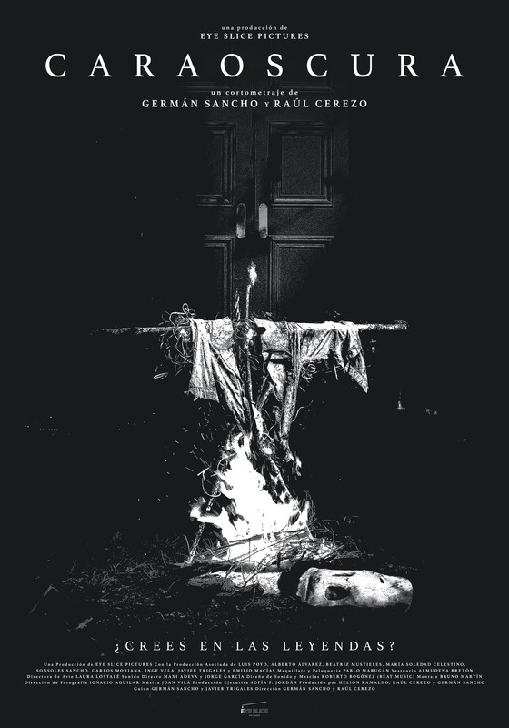A poster for the film Caraoscura, which features black and white image of a scarecrow made of wooden sticks, flames rising beneath it.