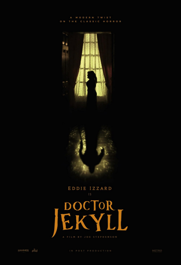 A poster for Dr Jeckyll featuring a woman siloetted in a window, with a reflect of a monster on the floor 