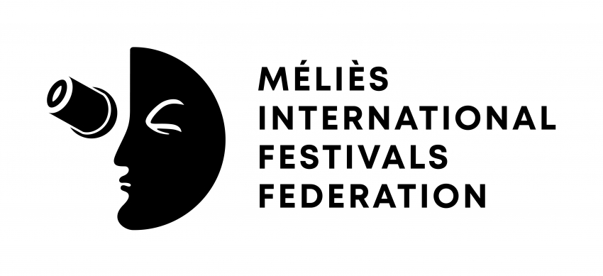 Logo for Melies International Festivals Federation, featuring a half moon face with a telescope coming out of its eye.