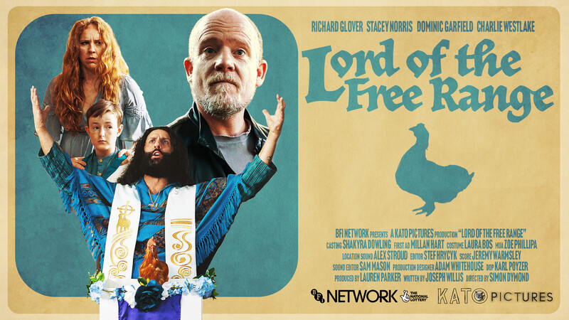 A poster for the film Lord of the Free Range, showing various characters from the film including a woman protectively holding a young boy, a middle-aged man looking sternly, and a religious leader with arms raised up, a live chicken in front of him.
