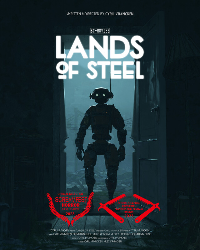A poster for the film Lands of Steel, showing a robot, standing upright, siloutted in a doorframe.