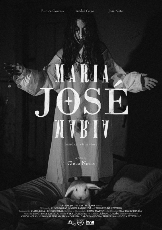 A poster for the film Maria Jose Maria, showing a black and white image of a woman standing on a bed, wearing a long white night gown, her arms held out to the sides while she looks down at a white rabbit at her feet.