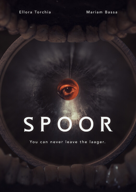 A poster for the film Spoor, which shows an image as though taken from inside someone's mouth, framed by teeth, and looking up a metallic tube at an eye looking directly at the camera.