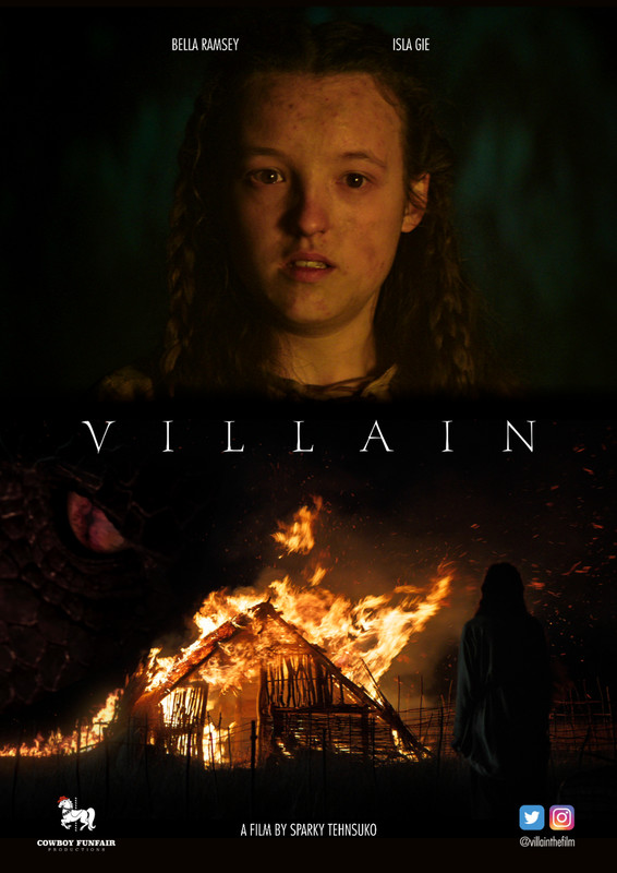 A poster for the film Villain, featuring images of a determined looking young person and a burning hut with glowing eyes peer over it.