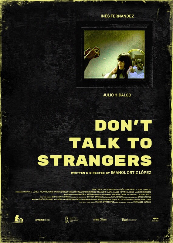 A poster for the film Don't Talk To Strangers, in which a small frame from the film appears at the top right, showing a girl looking up at a pair of hands holding a camera.