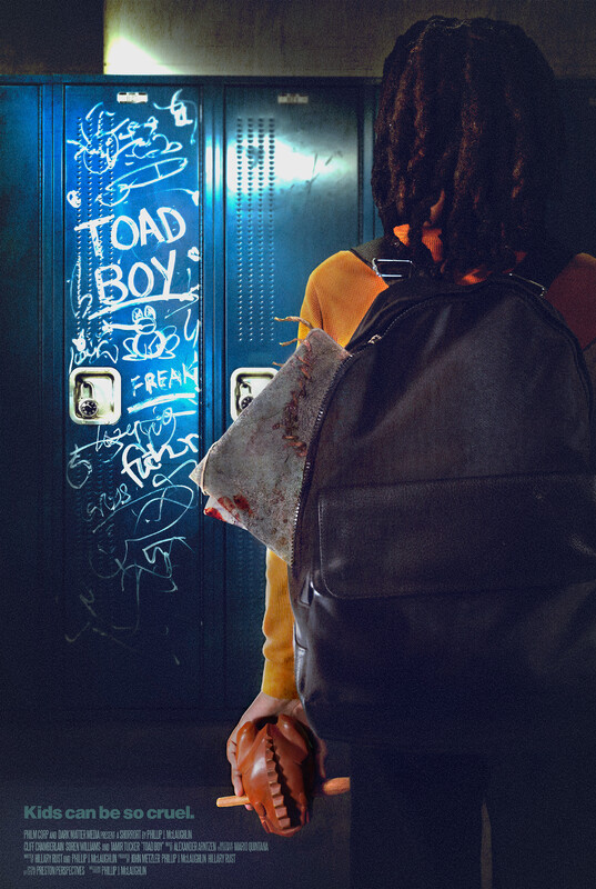 A post for the film Toad Boay, showing from behind a young person wearing a backpack looking at blue school lockers, one of which is covered in white graffiti.