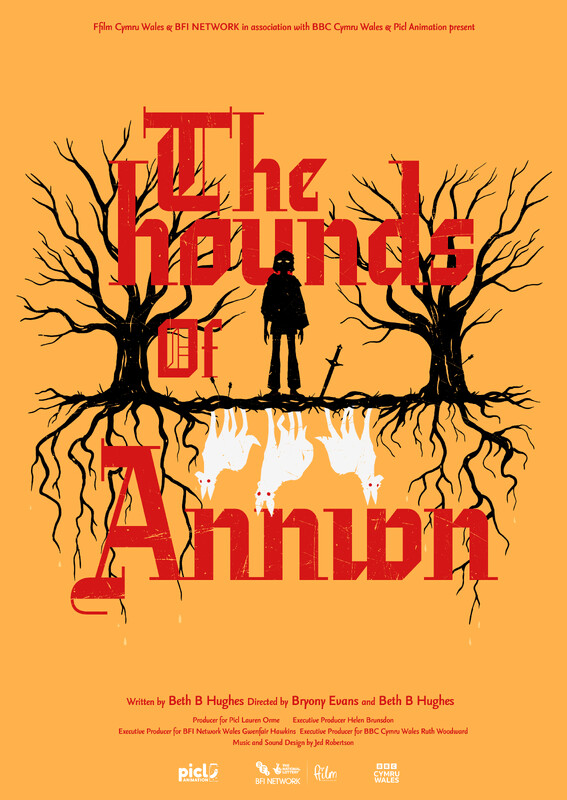 A hand-drawn poster for the film The Hounds of Annwn, with a stylised image of two trees, branches and roots mirroring each other, and between them a figure with a sword, and upside down beneath the figure, three white dogs.