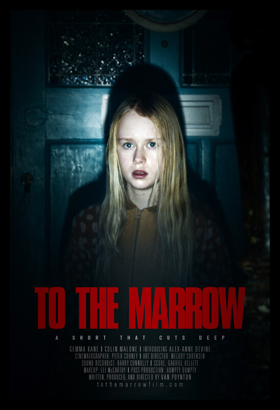 A poster for the film To The Marrow, showing a young girl in front of a door looking scared, illuminated by torchlight.