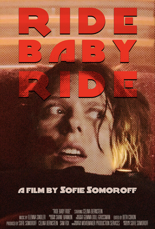 A woman's face looking terrified in close-up, with the title Ride Baby Ride in red above it.