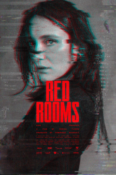 Black and white poster with red text saying Red Rooms. A woman looks at the camera