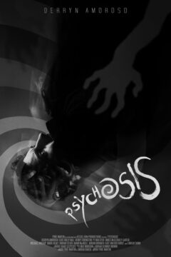 Poster in black and white. A spiral and a man upside down
