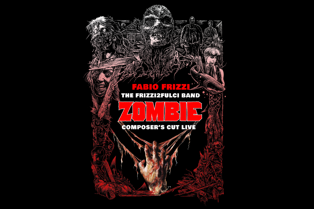 A black and white design feature a 'frame' made up of and artist's interpretation of various moments from the film Zombie Flesh Eaters. Within the frame, red and white text reads: "Fabio Frizzi The Frizzi2Fulci Band ZOMBIE Composer's Cut". Toward the bottom of the image the white frame becomes more and more red.