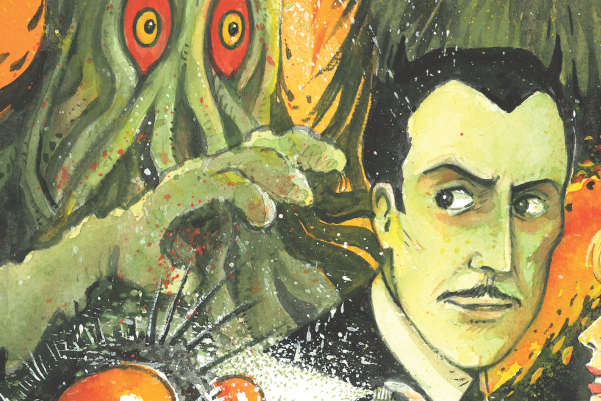 A cropped close-up of a painted collage, featuring Hedorah reaching over to Vincent Price.