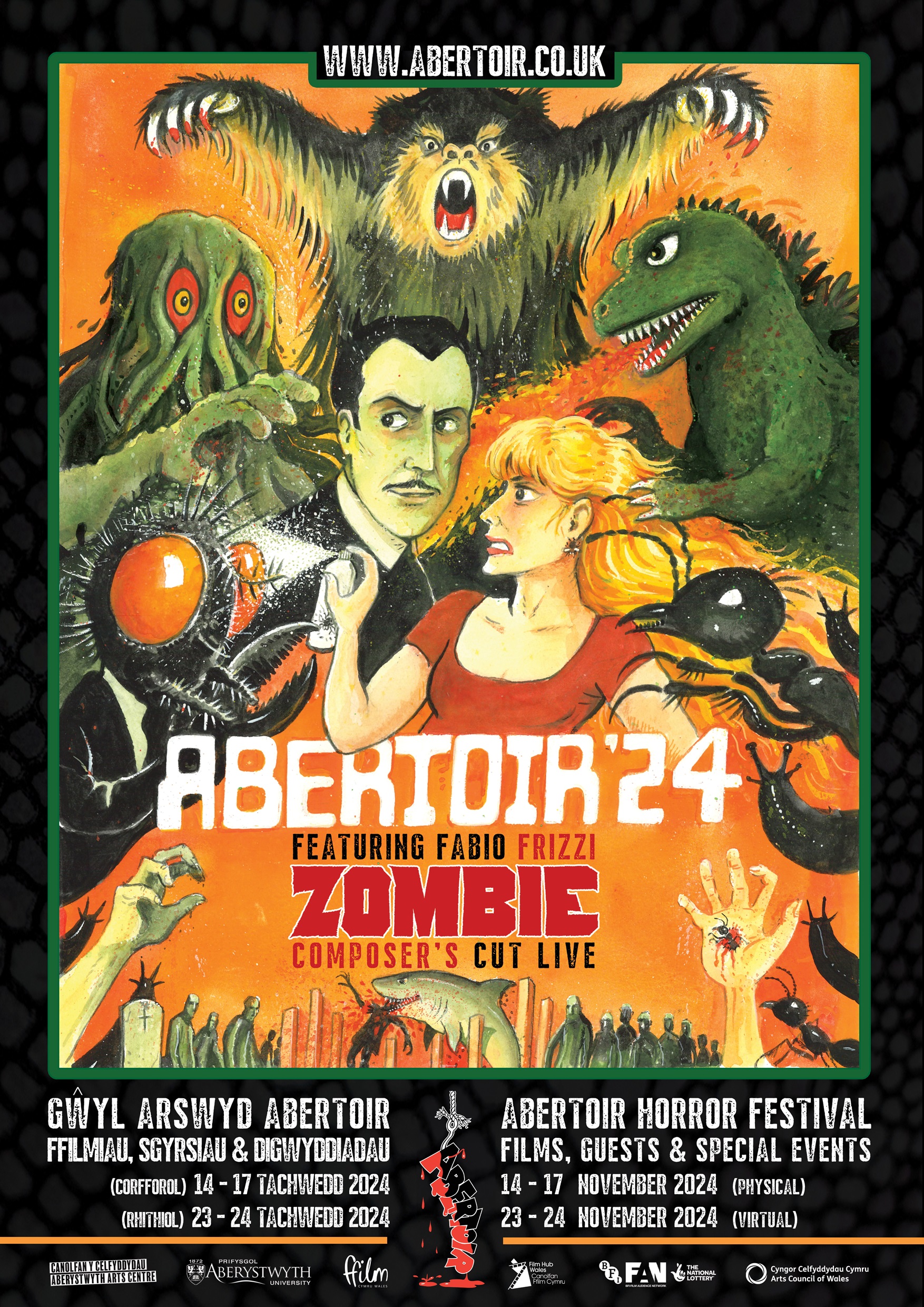 The poster for Abertoir 2024, featuring watercolour artwork in shades of orange and green. The artwork features a collage of a bear on the attack, the 'smog monster' Hedorah, Godzilla, Vincent Price, Abertoir's poster girl, an over-sized fly, ants, slugs and more. At the centre is 'Abertoir '24' in lettering to match the Phase IV poster. Text at the bottom promotes the festival, along with funder logos.