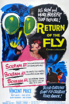 Poster for Return of the Fly. A woman in pink looks scared and the fly towers above her