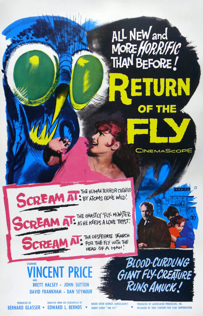 Poster for Return of the Fly. A woman in pink looks scared and the fly towers above her