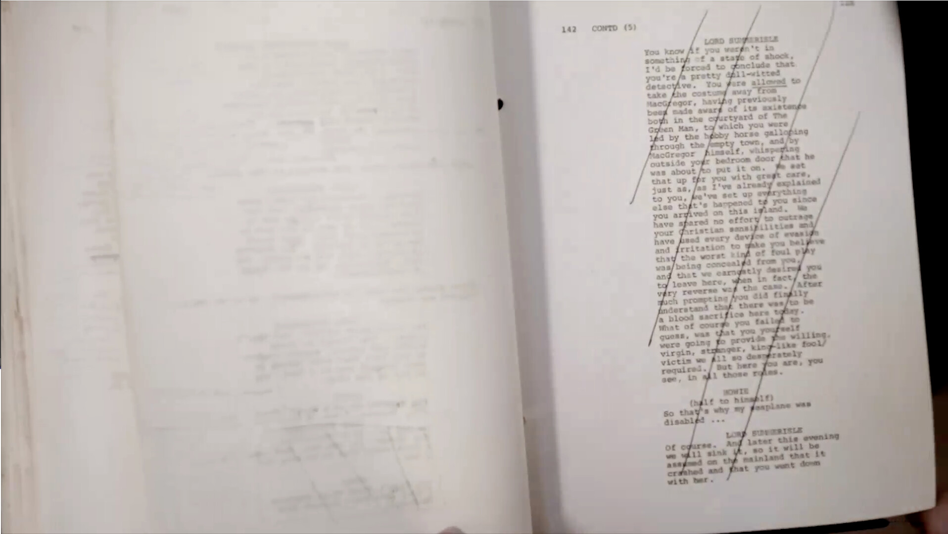 A script to The Wicker Man with lines crossed out