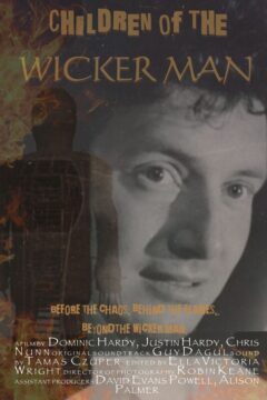 A poster with a young Robin Hardy and a burning Wicker Man superimposed bottom left.