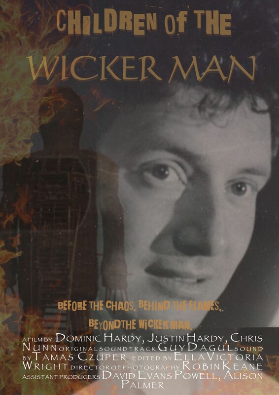 A poster with a young Robin Hardy and a burning Wicker Man superimposed bottom left.