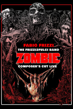 A poster with a collage of images from the film, title in the middle and a zombie hand underneath.