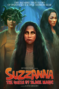 Poster featuring three images of the same woman, one with snakes on her head, one staring front and one starting right.