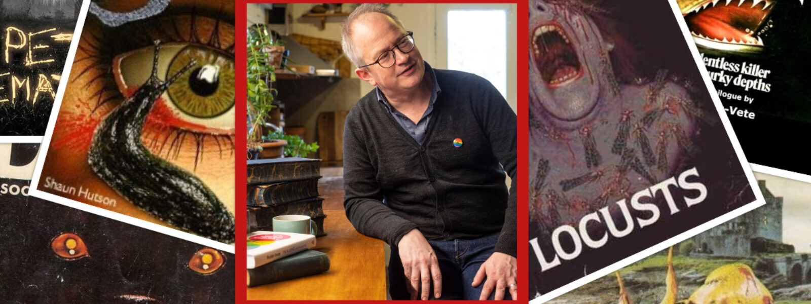 a collage of animal themed paperbacks with Robin Ince in the middle, sitting on a chair