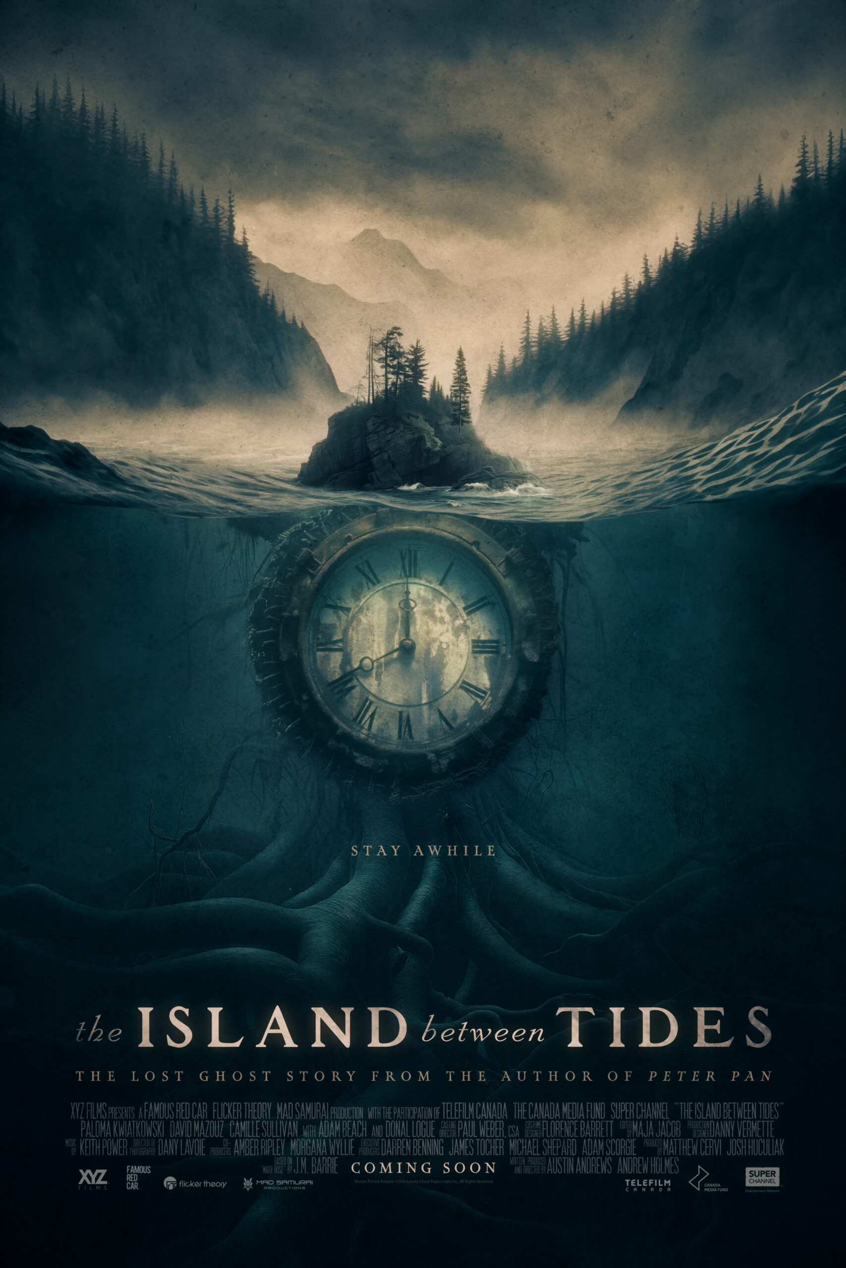 An abstract poster for The Island between Tides, featuring a cross-section view of water, surrounded by pine trees on either side. We see a small island on the water's surface, and below, a large clock with roots.