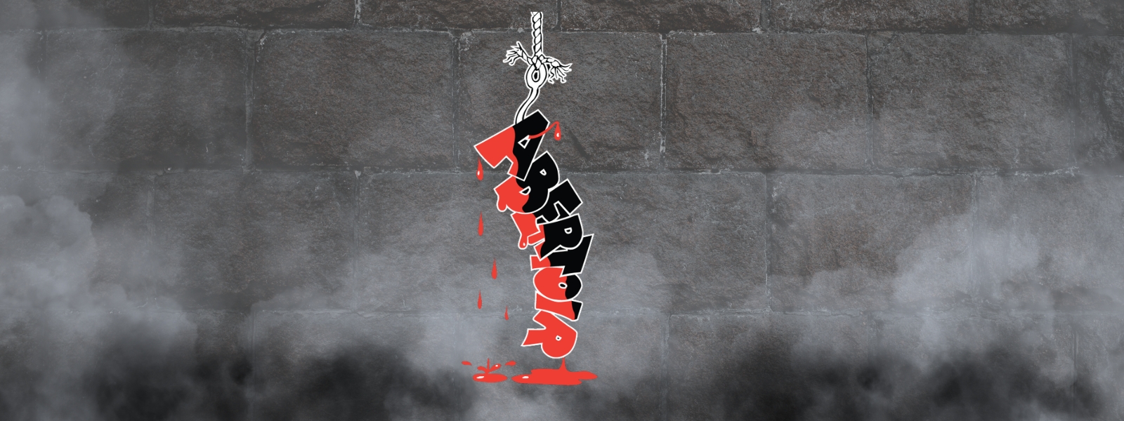 The Abertoir logo centrally placed on a background of dark bricks and mist/fog.