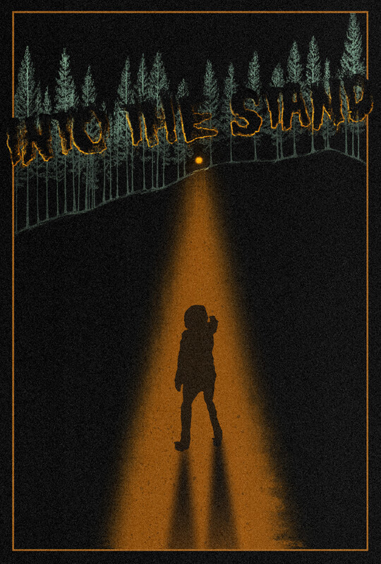 Drawing of a silouette of a person looking towards a forest.