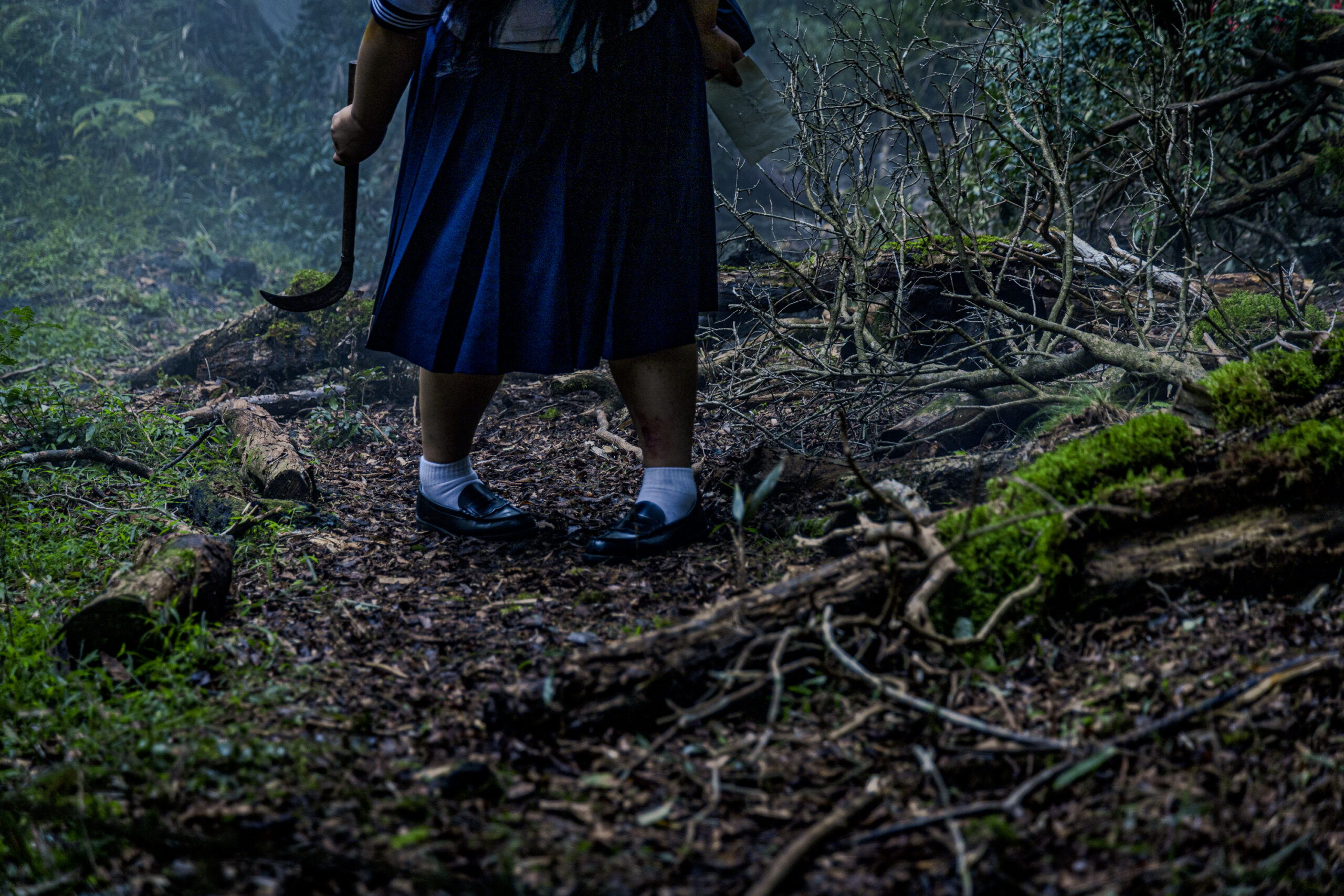 A low-angle view of a forest floor. Framed centrally are the inwardky-pointing feet and legs of a young girl wearing a school uniform, a scythe in her hand at her side. We can only see the lower half of her body.
