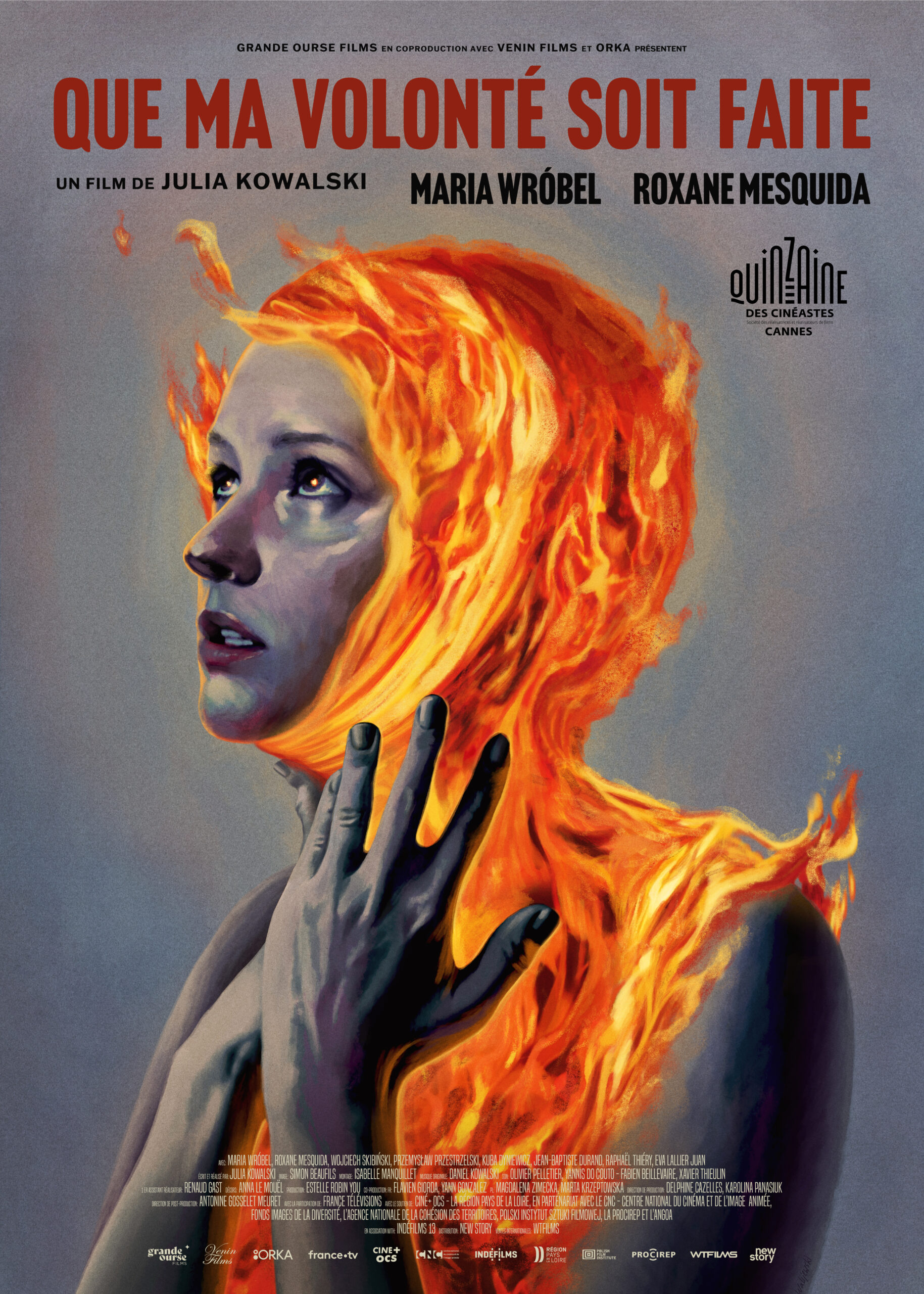 The poster for Her Will Be Done, featuring artwork of a woman's head and shoulders, partly engulfed by tame flames.