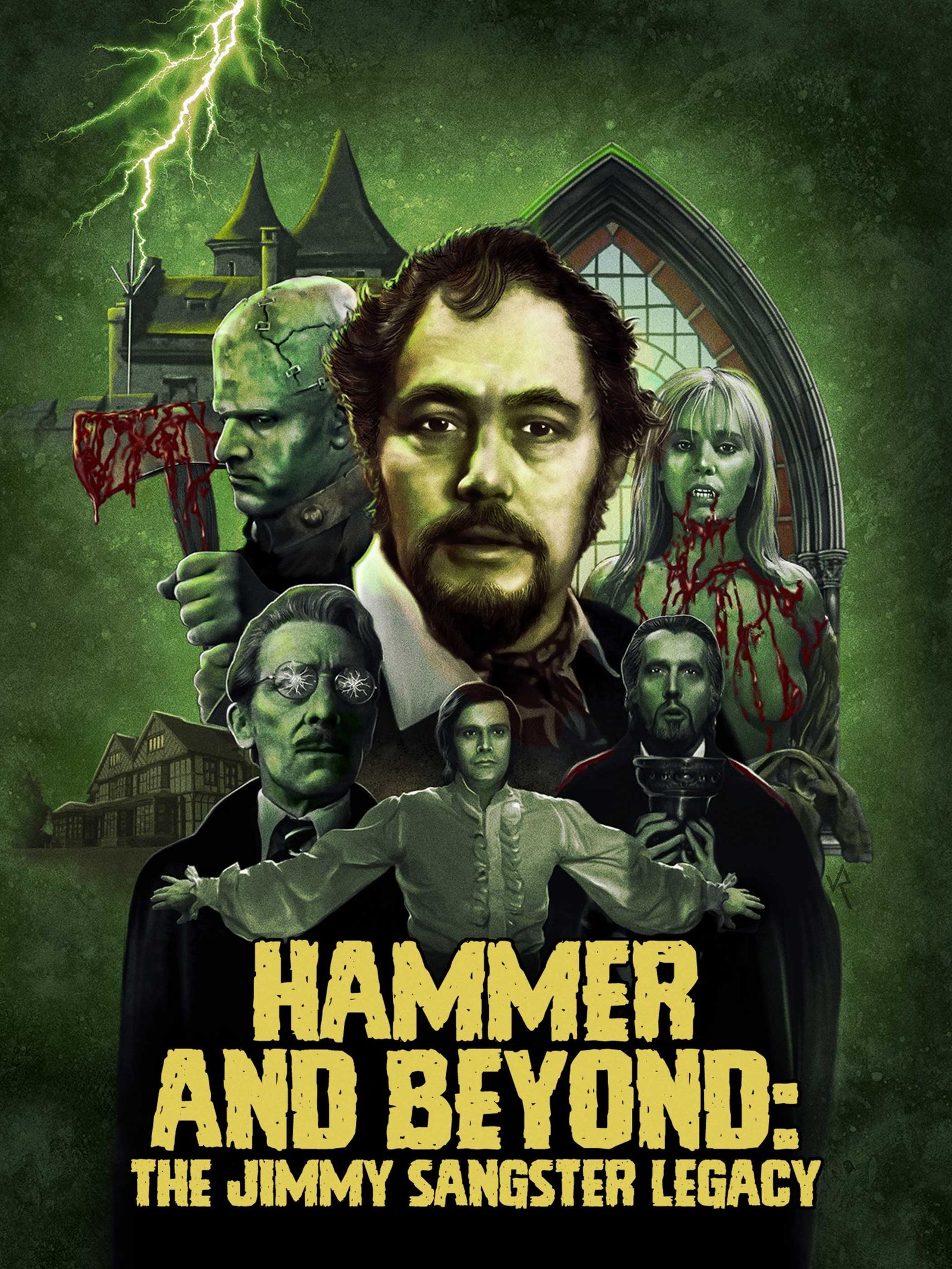 A poster for Hammer and Beyond featuring a painting of Jimmy Sangster surrounded by various characters from his films.